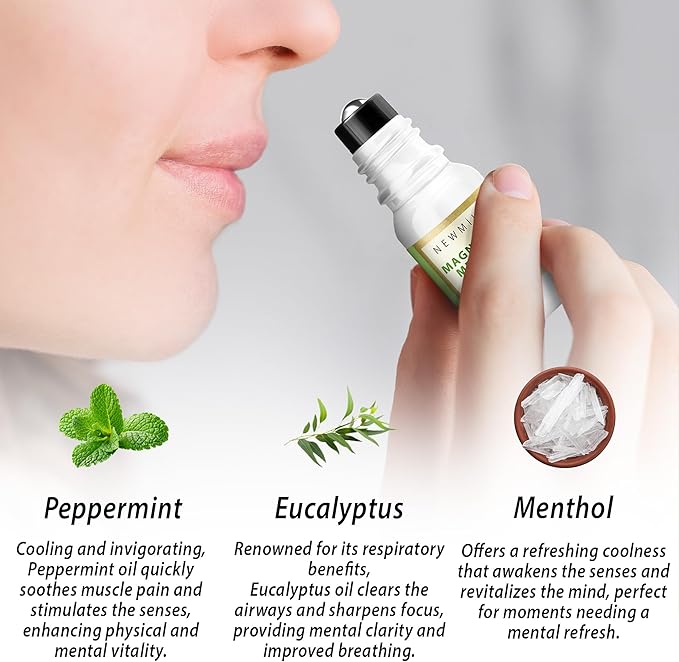 Magnesium Menthol Migraine Roll on Stick - Natural Fast Acting & Cooling Relief Peppermint Eucalyptus Aromatherapy Essential Oils for Headaches Sinus - Perfect Selfcare Gift Stocking Stuffers