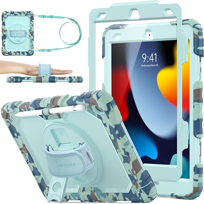 SEYMAC stock Case for iPad 9th/ 8th/ 7th Generation 10.2'', Shockproof with Screen Protector, Pencil Holder [360° Rotating Hand Strap] & Stand, for iPad 10.2 inch 2021-2019 (SkyBlue Camo)