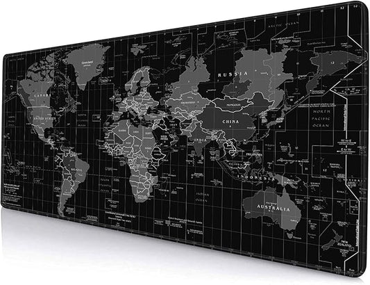 Large Gaming Mouse Pad with Stitched Edges, Desk Mat Extended Keyboard Pad, Non-Slip Rubber Base Desk Pad for Laptop, Office, Home, 31.5X11.8 inch Black World Map