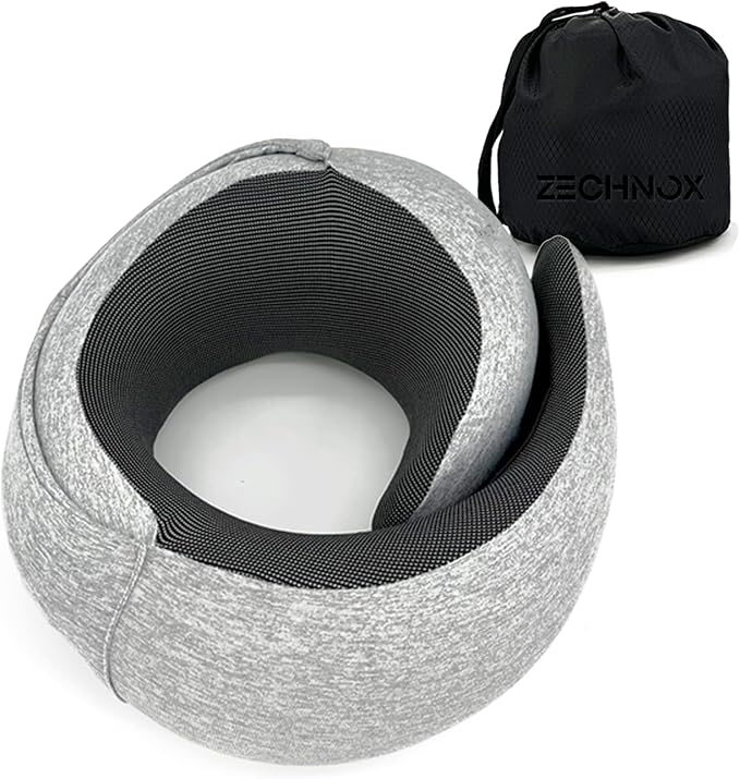 Ergonomic Travel Neck Pillow with Stowable Hood,Neck Pillow Airplane,Premium Memory Foam,360º Contoured Design,Washable Cover,Complete Travel Set,Ideal for Airplane,Car and Office