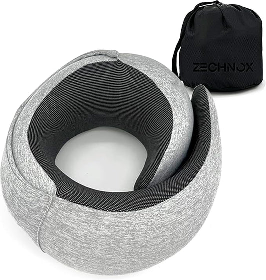 Ergonomic Travel Neck Pillow with Stowable Hood,Neck Pillow Airplane,Premium Memory Foam,360º Contoured Design,Washable Cover,Complete Travel Set,Ideal for Airplane,Car and Office