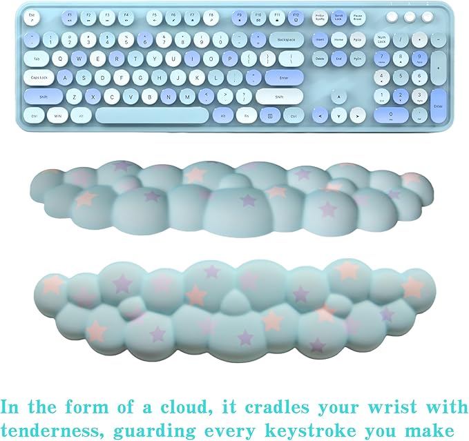 Cloud Wrist Rest Set for Keyboard and Mouse, Includes Cute Coaster, with Computers and Laptops (Blue Colorful Star Set)