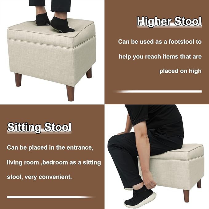 Foot Rest with Adjustable Cover, 18" Storage Ottoman Dorm, Footstool and Sitting Stool, Ottoman Foot Stools for Living Room, Bedroom, Dorm, Beige