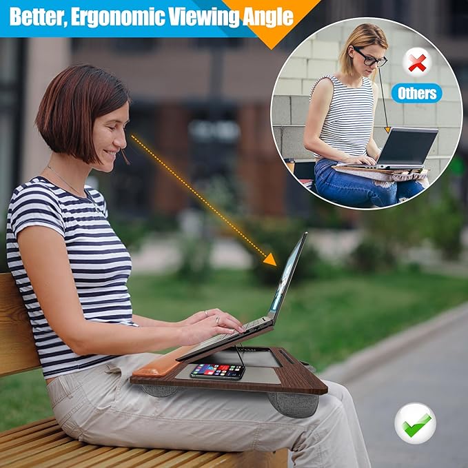 Adjustable Angle Laptop Tray with Leather Wrist Pad - Wooden Lap Desk with Cushion, Laptops Table for Couch,Bed, Fits Laptops Up to 17 Inches, Lap Laptop Desk with Mouse Pad, Brown