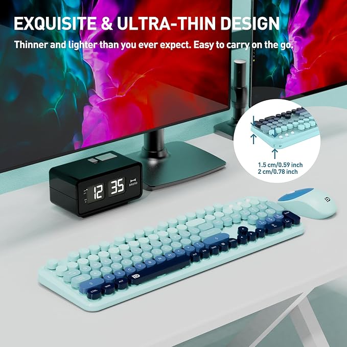 Wireless Keyboards Mouse Combos, Colorful Cute Typewriter Full-Size Retro Round Keycaps, 2.4GHz Cordless Connection Sleep Mode Office Wireless Keyboard and Mouse Set for Desktop Laptop PC Computer