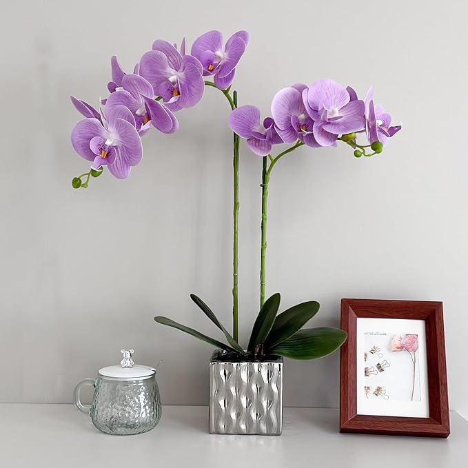 LISU Artificial Orchids, Silver Vases, Home Decoration Flower Arrangements,Purple Orchids Fake Flowers in Vases.