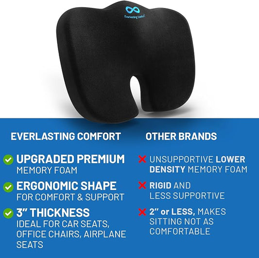 Everlasting Comfort Doctor Recommended Memory Foam Seat Cushion for Office Chairs & Car Seat - Ergonomic Office Desk Accessories for Tailbone Pain Relief, Sciatica & Back Support