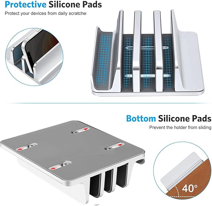 Vertical Laptop Stand [Updated Version],3-Slot Space-Saving Aluminum Desktop Stand Holder with Adjustable Dock Size Compatible for All MacBook/HP/Dell/Surface/Samsung/Chrome Book(Silver)