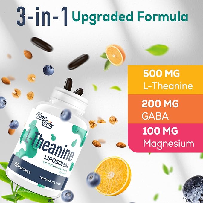 Liposomal L-Theanine 500mg, Complex with GABA 200mg & Magnesium 100mg, Extra Strength Supplement for Calm, Relaxation & Focus, Gluten Free - 120 Capsules