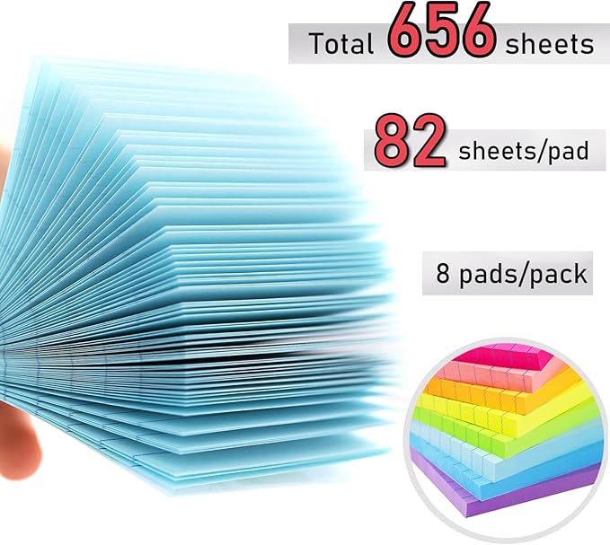 Lined Sticky Notes 3x3 in Bright Ruled Stickies Colorful Super Sticking Power Memo Pads, 82 Sheets/pad, 8 Pads/Pack