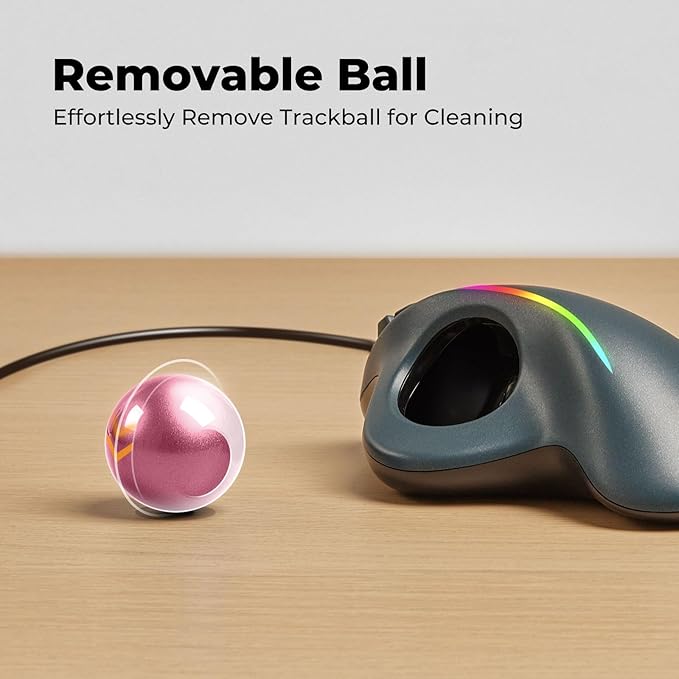 Wired Trackball Mouse with RGB Lighting, Ergonomic Thumb Control to Reduce Muscle Strain, 5 Adjustable DPI, Dual USB-C & USB-A Connectivity, Compatible with PC, Laptop, Mac, Windows-Pink