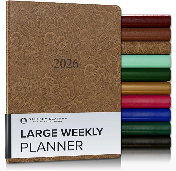 Gallery Leather Large Weekly Monthly Planner 2025-2026, Elegantly Bound Calendar Planner and Notebook with Stylish Gold-Gilded Page Edges, 12 Months - Floral Espresso - 9.75 x 7.5 "