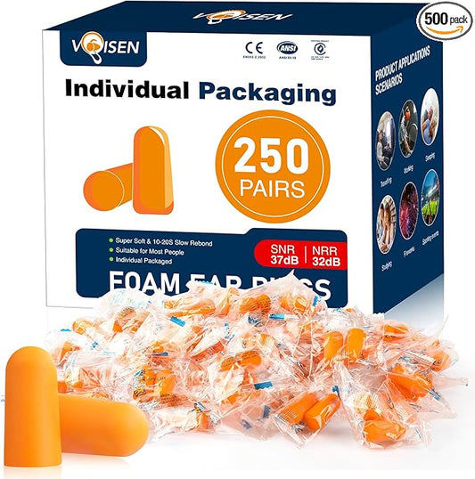 VOISEN Ear Plugs,250 Pairs Ear Plugs for Sleeping,32dB NRR 37dB SNR Ear Plugs Noise Cancelling for Snoring, Studying, Loud Events, Traveling & Concerts, Individual Package