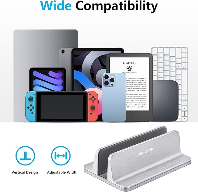 JARLINK Vertical Laptop Stand, Aluminum Laptop Holder Desktop Stand with Adjustable Dock Size (up to 17.3 inches) Compatible with All MacBook/Surface/Dell/Gaming Laptops (Silver)