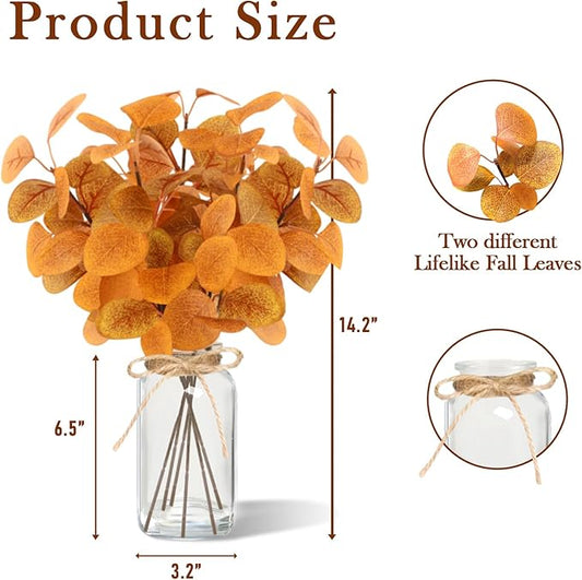 Fall Faux Eucalyptus Stems in Glass Vase 14.2" 6pcs Artificial Autumn Eucalyptus Branches with Vase Fall Home Table Decor Fake Fall Plants Stems for Farmhouse Kitchen Bathroom Decorations