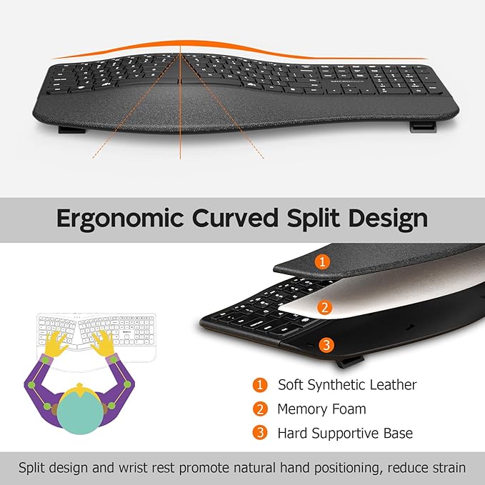 MicroPack Ergonomic Wireless Keyboard with Bluetooth, USB-C Rechargeable & Overload Protection, Wrist Rest, 3-Device Connectivity, Quiet Scissor Switch, Adjustable Tilt for Mac, Windows, PC, Office