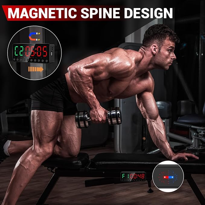 Portable Gym Timer, Fitness Timer Clock, Home Garage Gym Workout Timer, Built-in Strong Magnet and Lithium Battery and Beat Function, Large LED Digital Anti-Vertigo Display(Black+Black)