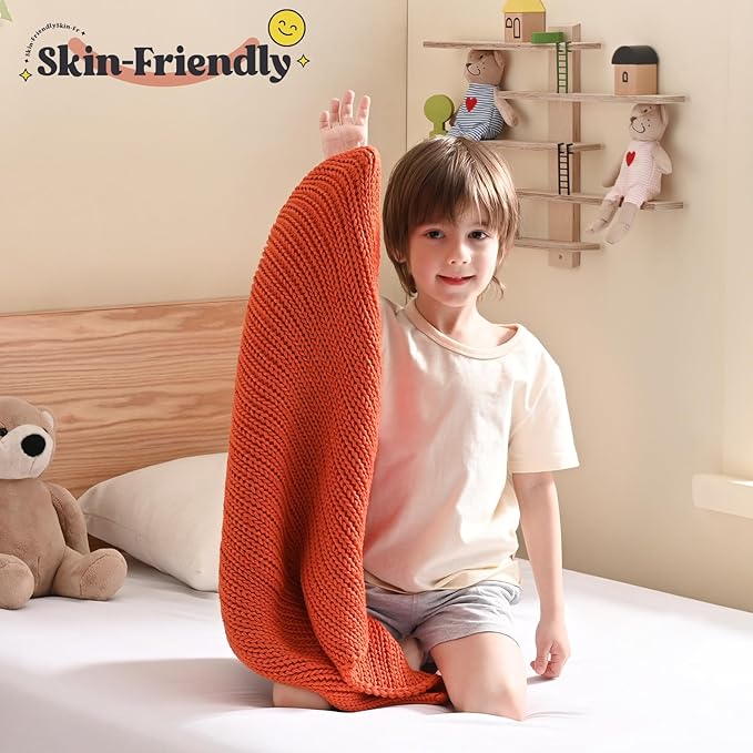 Guohaoi Knitted Weighted Lap Pad (Orange 20"x30" 2lbs) No Beads Cooling Weighted Blanket Kids for Nap, Breathable Chunky Knit Blanket, Small Throw Blanket for Travel Indoor Outdoor