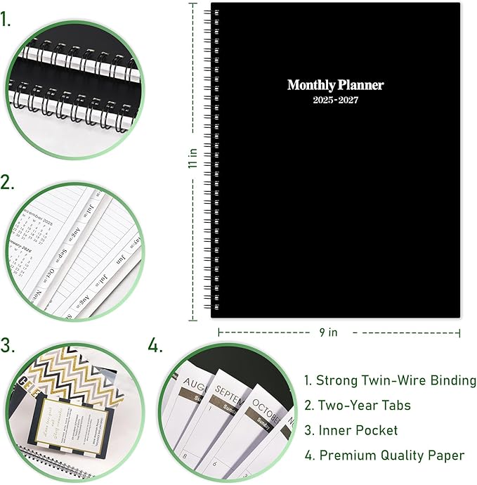 2025-2027 Monthly Planner/Calendar - Jul 2025 - Jun 2027, Monthly Calendar 2025-2027, 9" x 11", 2 Years Monthly Planner, Cardboard Cover, Black