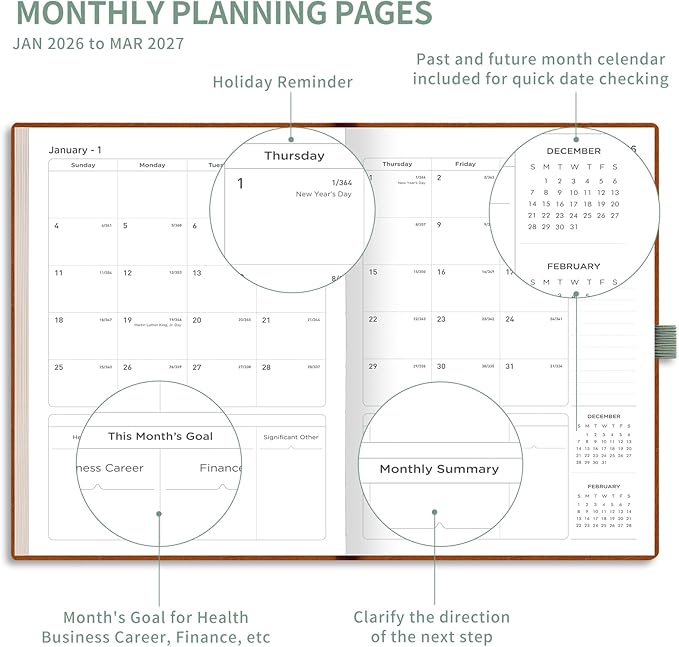 AHGXG 2026 Planner, Weekly and Monthly Planner 2026-2027, Large A4 8.5"x11", Calendar 15-Months Jan 2026 - Mar 2027, Vegan Leather SoftCover, Inner Pocket, Sage Green