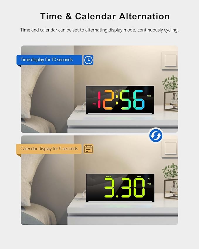 Large Digital Wall Clock 12", Digital Clock with Full Screen Display, 12 RGB Colors Changing Remote Control, DST, Wall Clock with Night Lights for Elderly Living Room Bedroom Office Gaming Room Decor