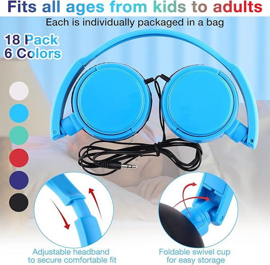 Yunsailing 18 Pack Classroom Headphones Bulk Student Wired Class Headphones Set for Kids School with Individually Wrapped Adjustable Over Ear Head Earbuds(Multicolor)