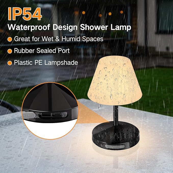 OUTON Rechargeable LED Shower & Table Lamp, Waterproof, USB Output, Stepless Dimming, 3 Colors, Power Indicator, Memory Function, Battery Operated Light for Home, Bathroom, Patio & Outdoor (Black)