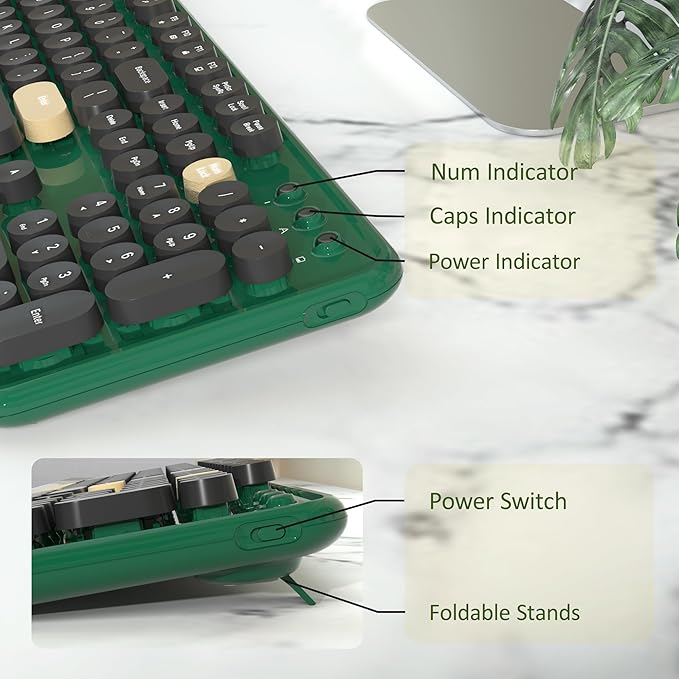 Colorful Wireless Computer Keyboards Mouse Combos, Cute Retro Typewriter Keyboard with Round Keycaps, 2.4 GHz 104 Keys Full-Sized USB/Type C Receiver Keyboard and Optical Mouse（Dark Green）
