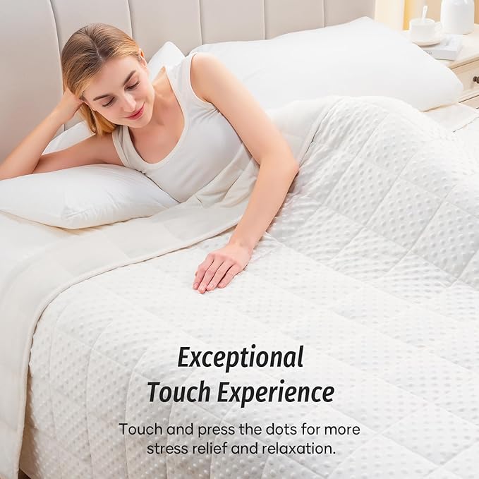 Wemore Minky Dot Weighted Blanket for Adults Twin Size 15 lbs, Soft Heavy Blanket for Stress Relief and Sleep Promotion, Breathable Blanket for All-Season with Glass Beads, White 48 x 72 inches