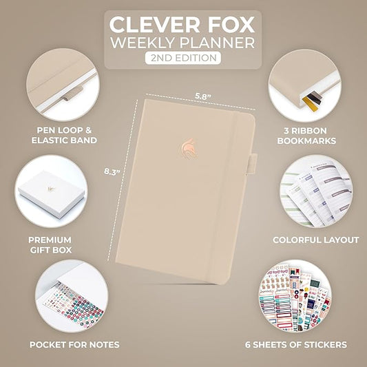 Clever Fox Planner 2nd Edition – Colorful Weekly & Monthly Goal Planner, Time Management & Productivity Organizer, Undated, A5 (Seashell)