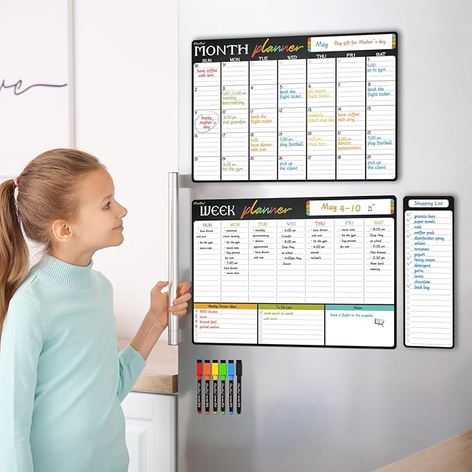 Magnetic Dry Erase Monthly Calendar Set - 17"x12" Monthly and Weekly Calendar, 4"x12" List Board for Fridge - 6 Extra Fine Point Markers Included - Shipped Flat