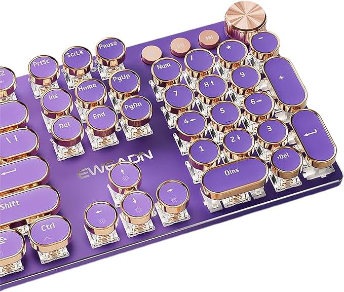 Typewriter Style Mechanical Gaming Keyboard White LED Backlit 104-Key NKRO Pink Switches Retro Round Keycaps Golden Ring Volume Knob Metal Panel Wired USB-C Detachable Cable, Purple