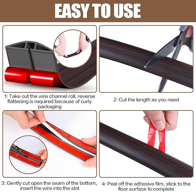 Floor Cord Cover Self Adhesive Cord Hider,10FT Cable Management, Extension Strip Protector for Wires, Prevent Cable Trips for Offices, Gyms, Exhibitions Cavity:0.51"(W) x 0.3"(H) Black Wood