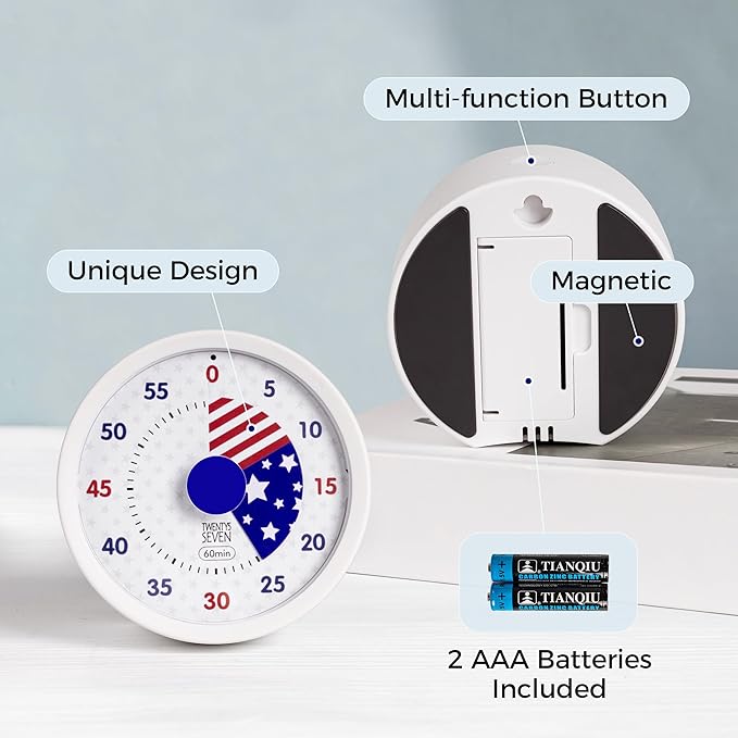 TWENTY5 SEVEN Countdown Timer 3 inch, Silent 60 Minute 1 Hour Visual Timer with Pause, Magnetic Classroom Teaching Tool Office Meeting, Countdown Clock for Kids Time Management, Red White and Blue