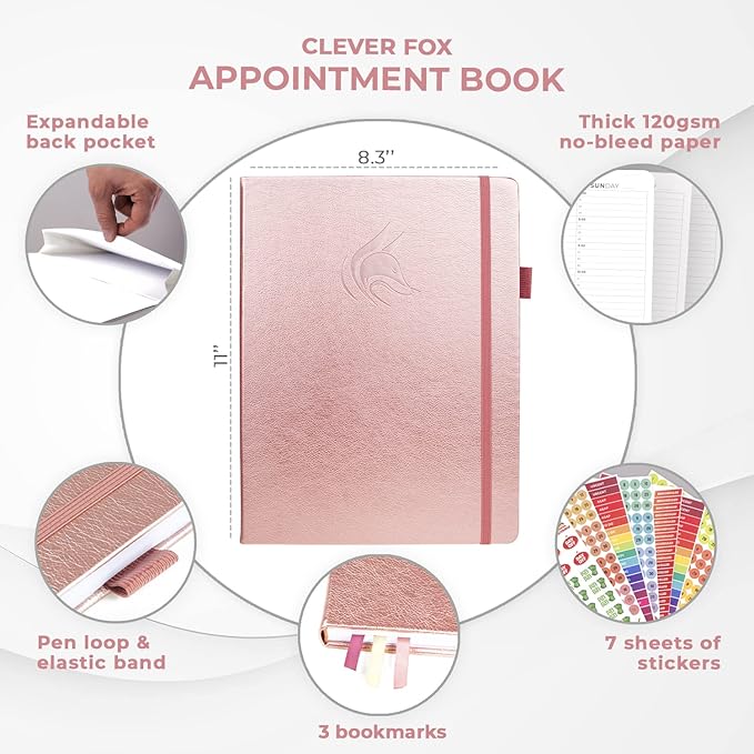 Clever Fox Appointment Book – Hourly Schedule Planner with 15-Minute Increments – Time Box Planner for Daily Work & To-Dos – Weekly & Monthly Spreads, Undated, Hardcover, 8.3x11″ (Rose Gold)