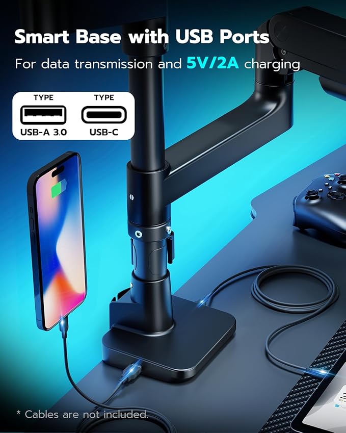 ARES WING Dual Monitor Stand for Ultrawide Heavy Duty Curved Monitor Stacking, Fits 17-49 Inch, Vertical Gas Spring Double Monitor Mount with USB, Adjustable Dual Monitor Mount for Desk, Black