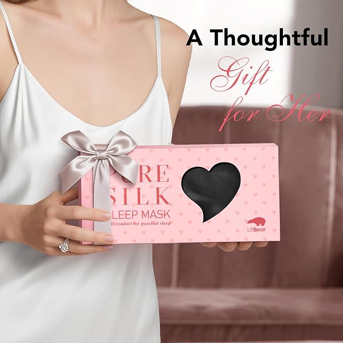 LitBear 100% Pure Silk Sleep Mask, 22 Momme 6A Mulberry Silk Fabric and Filling, Total Light Blocking Eye Mask Sleeping for Women, Men, Side Sleepers, Includes Travel Pouch and Scrunchie