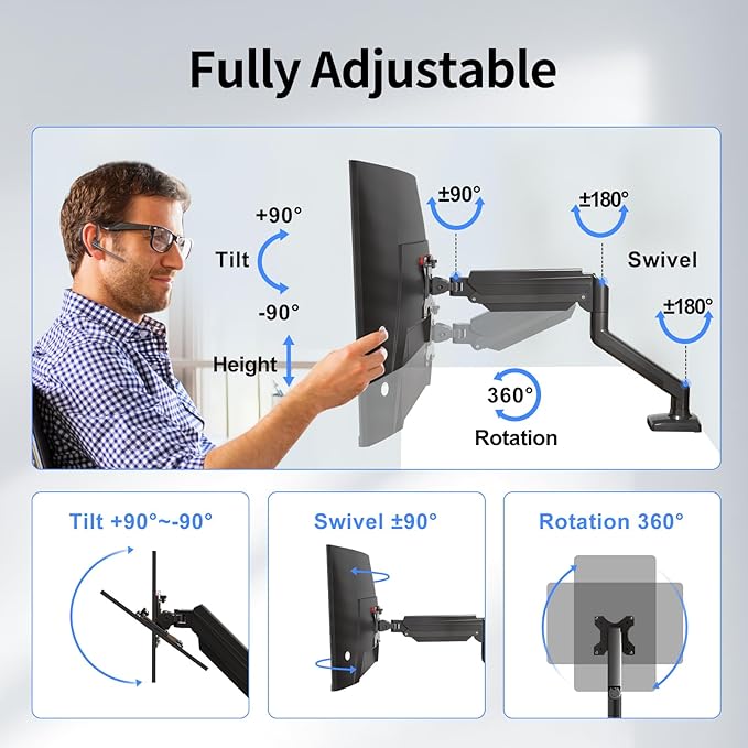 suptek Single Monitor Arm Mount for 13-32 inch, Adjustable Gas Spring Monitor Arm Desk Mount Stand for 4.4-19.8lbs, with VESA Mount 75x75/100x100mm