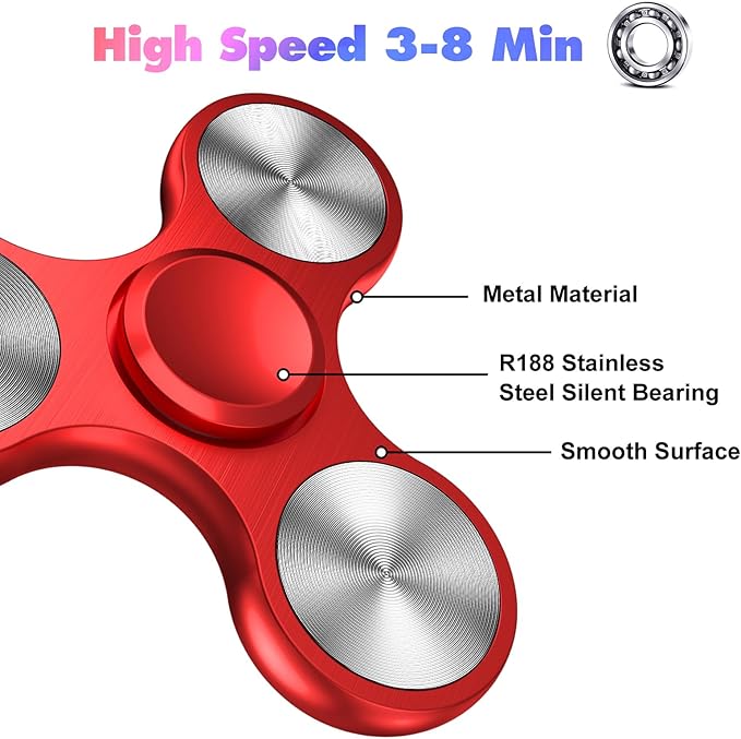 Fidget Spinners Toy, 3-8 Min Spins Time Stainless Steel Bearing Metal Fidget Spinner, EDC ADHD Stress Anxiety Relieves Fidgets Finger Toys, Novelty Toy for Kids and Adults (Red)