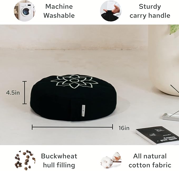 Mindful & Modern Large Meditation Cushion | Zafu Yoga Bolster Meditation Floor Pillow Seat | Buckwheat Hull Filled Crescent Shaped Cushion with Removable Washable Cover + Carry Handle