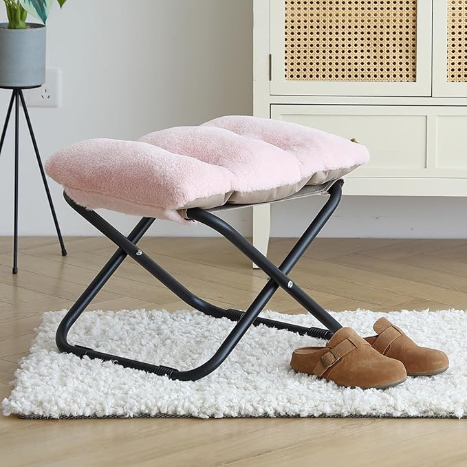 LITA Folding Footrest Stool, Portable Ottoman Foot Rest, Upholstered Small Foldable Ottoman Stool with Detachable Thick Cotton Cushion Padded Sofa Stool for Living Room, Bedroom, Plush Pink