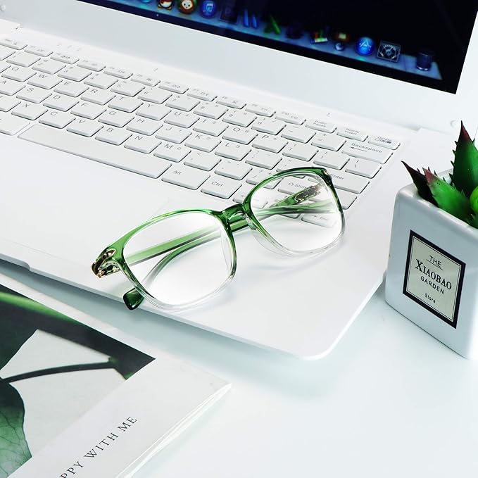 VisionGlobal Blue Light Blocking Glasses for Women, Anti Eyestrain, Computer Reading, TV Glasses, Stylish Square Frame, Anti Glare(Clear Green,+4.25 Magnification)