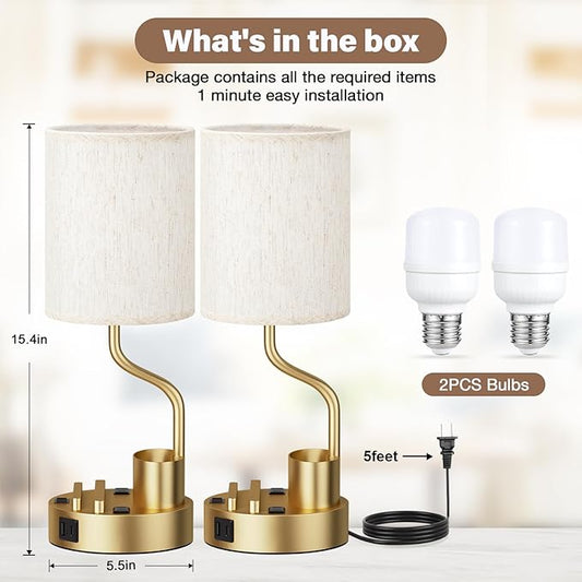 Gold Bedside Table Lamps for Bedroom Set of 2 - Nightstand Light with AC Outlet and USB A & C for Charging, 3 Color Temperatures Desk Lamp with Pen Holder & Phone Stand for Living Room/Dorm/Office