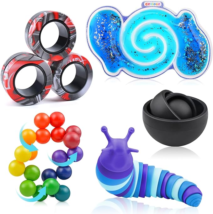 Cevioce 5Pcs Fidget Toys Adults Pack,Stocking Stuffers for Teens Boys Girls,Autism Sensory Toys with Fidget Spinner Slug Magnetic Rings,Squishy Fidget Toys ADHD Stress Relief, for Kid-B