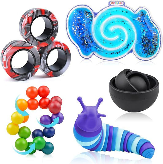 Cevioce 5Pcs Fidget Toys Adults Pack,Stocking Stuffers for Teens Boys Girls,Autism Sensory Toys with Fidget Spinner Slug Magnetic Rings,Squishy Fidget Toys ADHD Stress Relief, for Kid-B