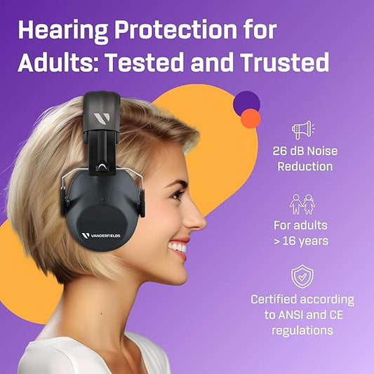 Vanderfields Hearing Protection Headphones - 26dB - Range Shooting Ear Protection - Noise Cancelling Ear Muffs for Adults