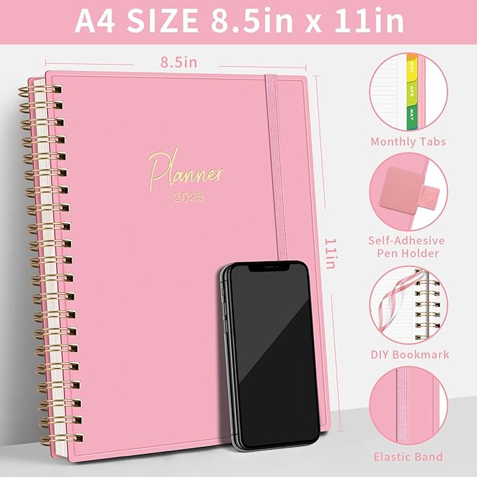 EMSHOI 2025 Planner Hourly Daily Weekly and Monthly, A4 (8.5x11), 3-Tier Appointment Book Vertical Schedule Calendar Organizer for Women Men Work Business, with Monthly Tabs, Note Pages, Pink