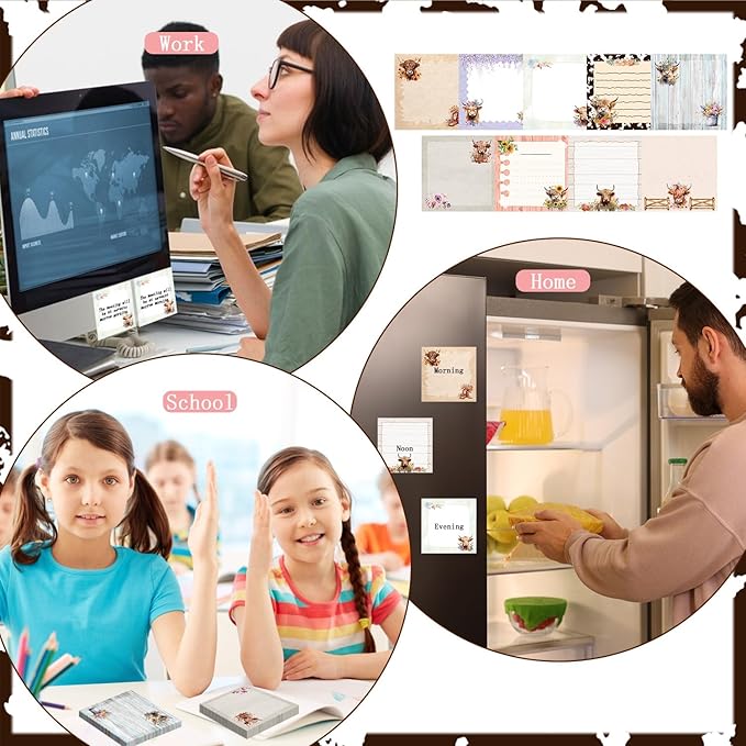 Highland Cow Sticky Notes Set - Lovarywow 9 Pack Highland Cow Sticky Notepad Cute Animals Sticky Notes 3"X3" Adhesive Post Memo Pad Gifts Office Home Cow Print School Supplies 450 Sheets