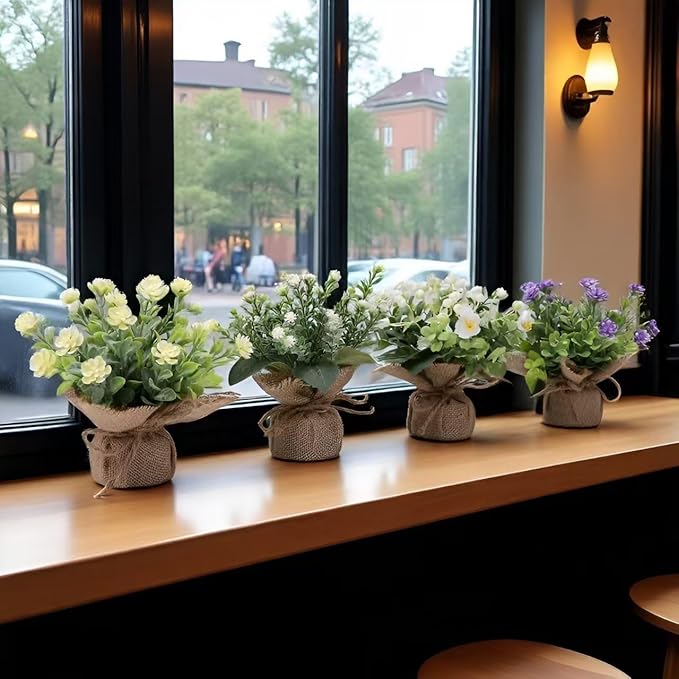 Artificial Flower Decoration mini Fake Plants Indoor Cute Small Faux Eucalyptus for House Home Living Room Bathroom Table Desk Office Hotel Spring Decor 4 Kinds of Flowers