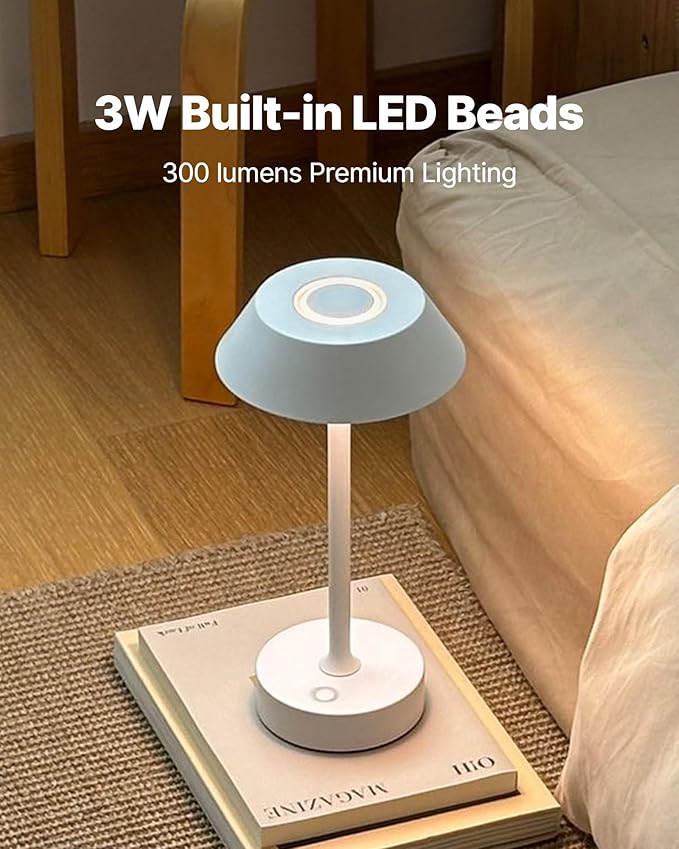 Elva Portable Table Lamp, Small Cute Cordless Rechargeable Table Lamp, 3W LED Dimmable Touch Light with 3-Color Temp, Modern Bedside Nightstand Light for Bedroom Ambient, White